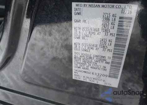 2016 Nissan Pathfinder Platinum/S/Sl/Sv from USA, damaged, VIN 5N1AR2MM1GC633209